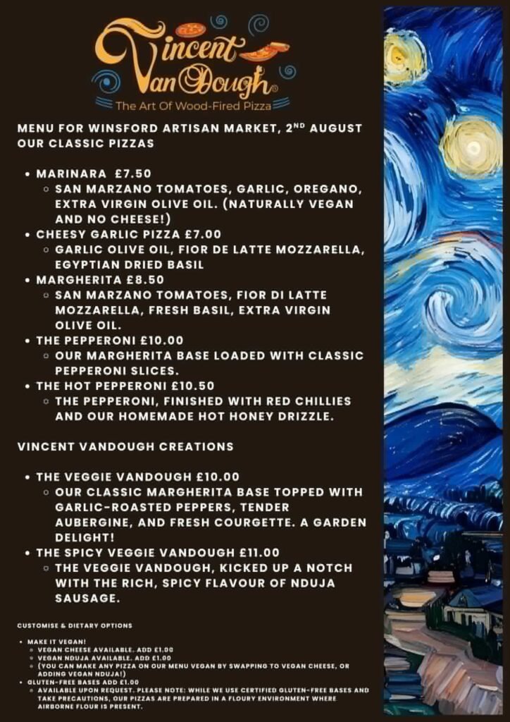 Wood fired Pizza Cheshire Menu for Vincent Van Dough